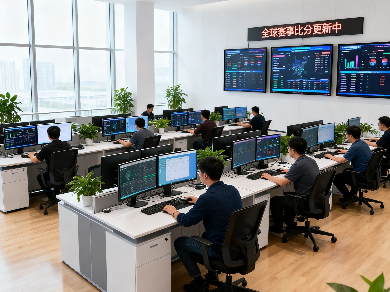 比分吧深圳总部开放式办公区实景照片，宽敞明亮的现代化办公室内，数十位工程师在双显示器前专注工作，墙上悬挂着多块实时数据监控屏幕，显示全球赛事比分更新状态